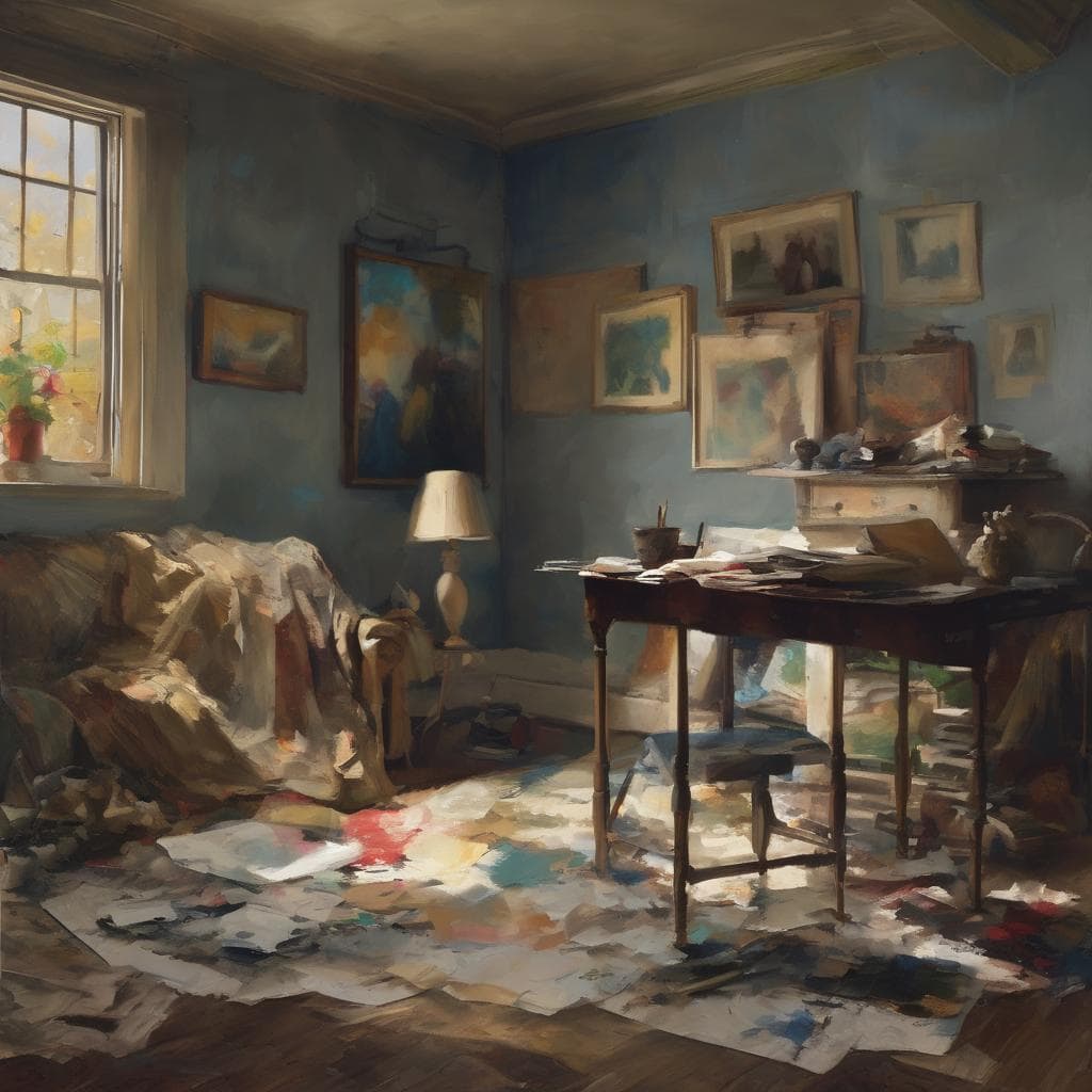 Λαϊκό στούντιο με πίνακες τέχνης και γραφική ατμόσφαιρα, το πιο πολύτιμο έργο τέχνης στον κόσμο, στον εσωτερικό χώρο του σπιτιού.