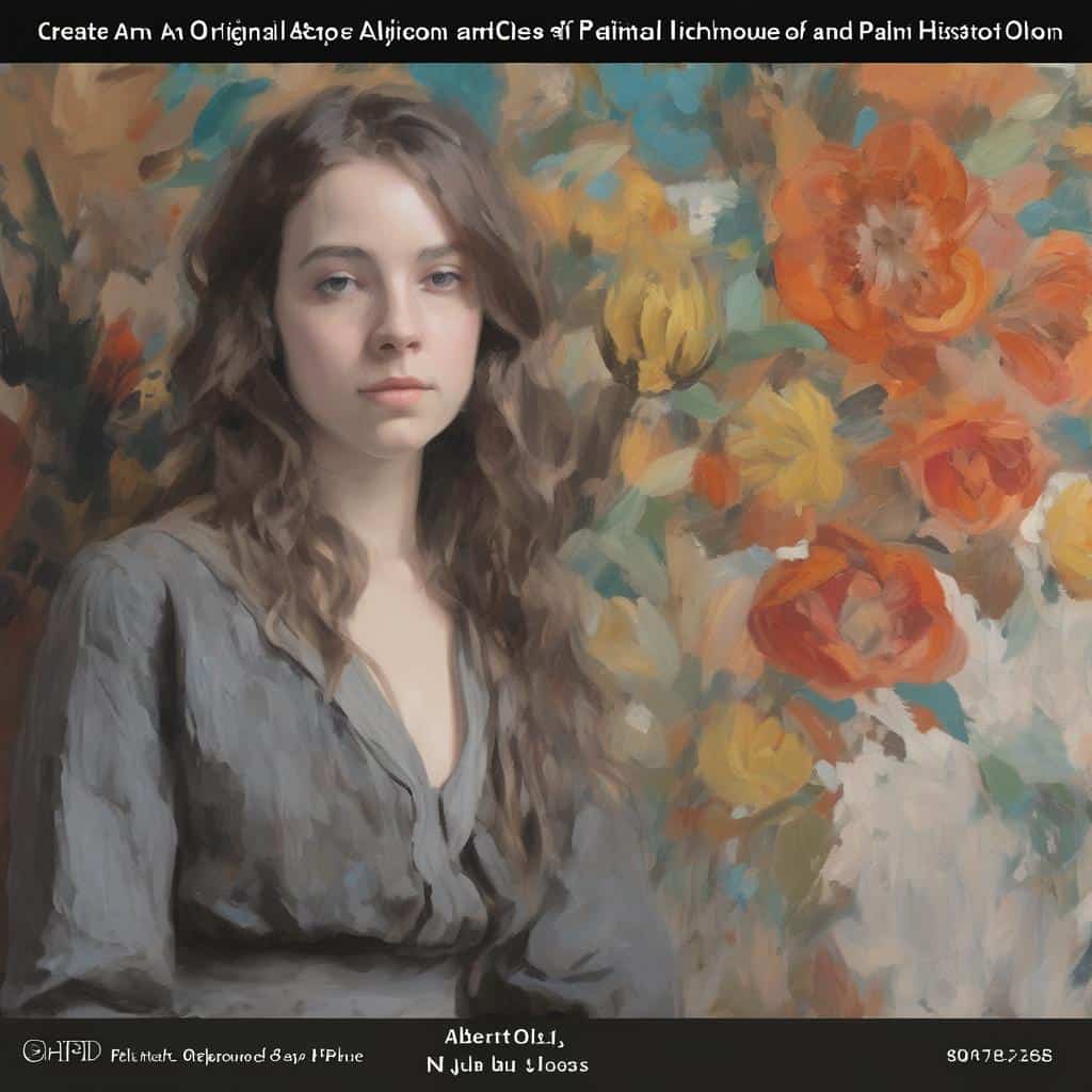 Αριστερά: Πορτρέτο νεαρής γυναίκας με κυματιστά καστανά μαλλιά και γκρι ρούχο, μπροστά σε πίνακα με πολύχρωμα τριαντάφυλλα ζωγραφισμένα με ρεαλισμό και εντυπωσιακή λεπτομέρεια, χαρακτηριστικό έργο τέχνης.