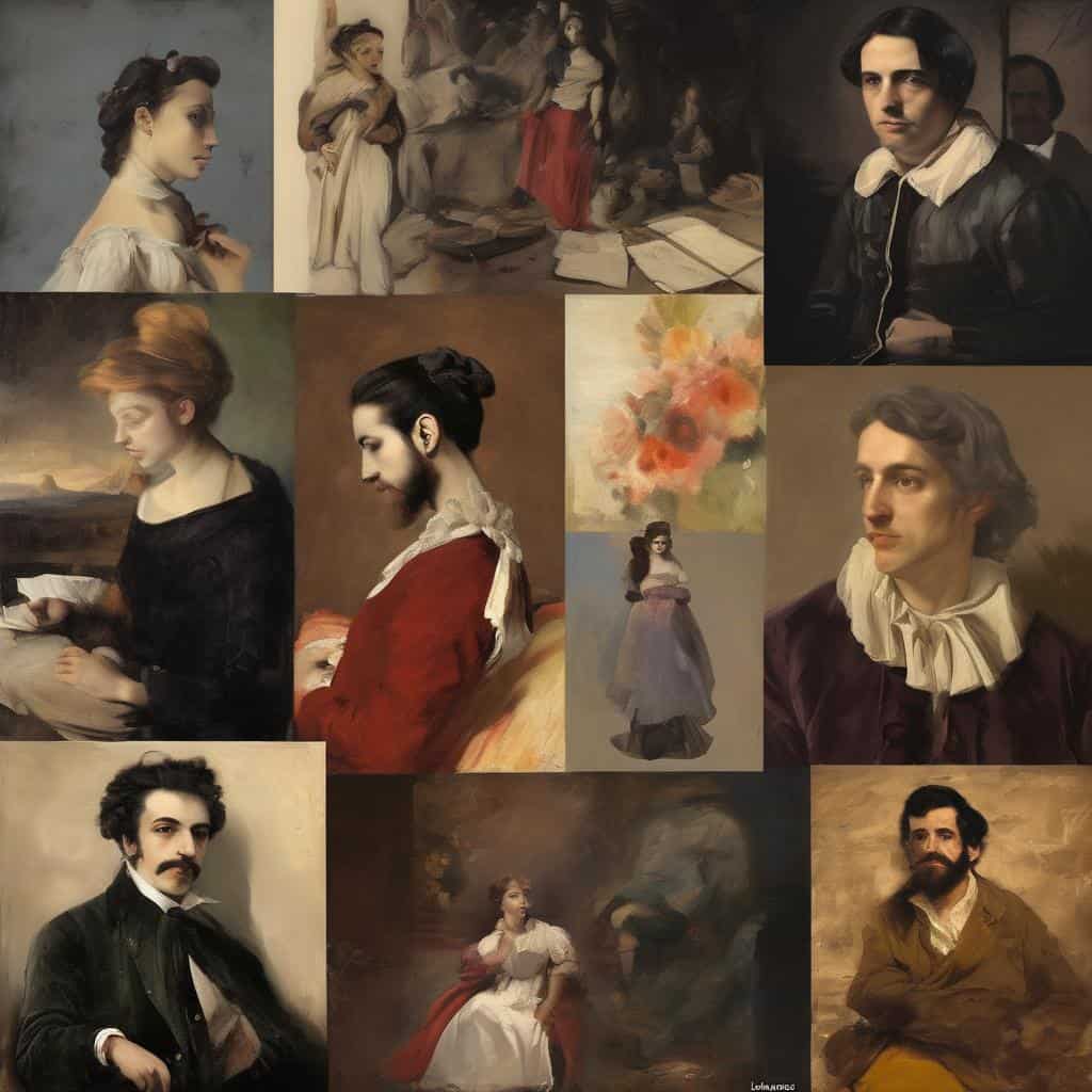 Πολύτιμα έργα τέχνης σε πίνακες ζωγραφικής με vintage και κλασικό στυλ, εστίαση σε πορτρέτα και σκηνές από το παρελθόν, υπέροχα λεπτομερείς εικονογραφήσεις ανθρώπινων μορφών και εκφράσεων.