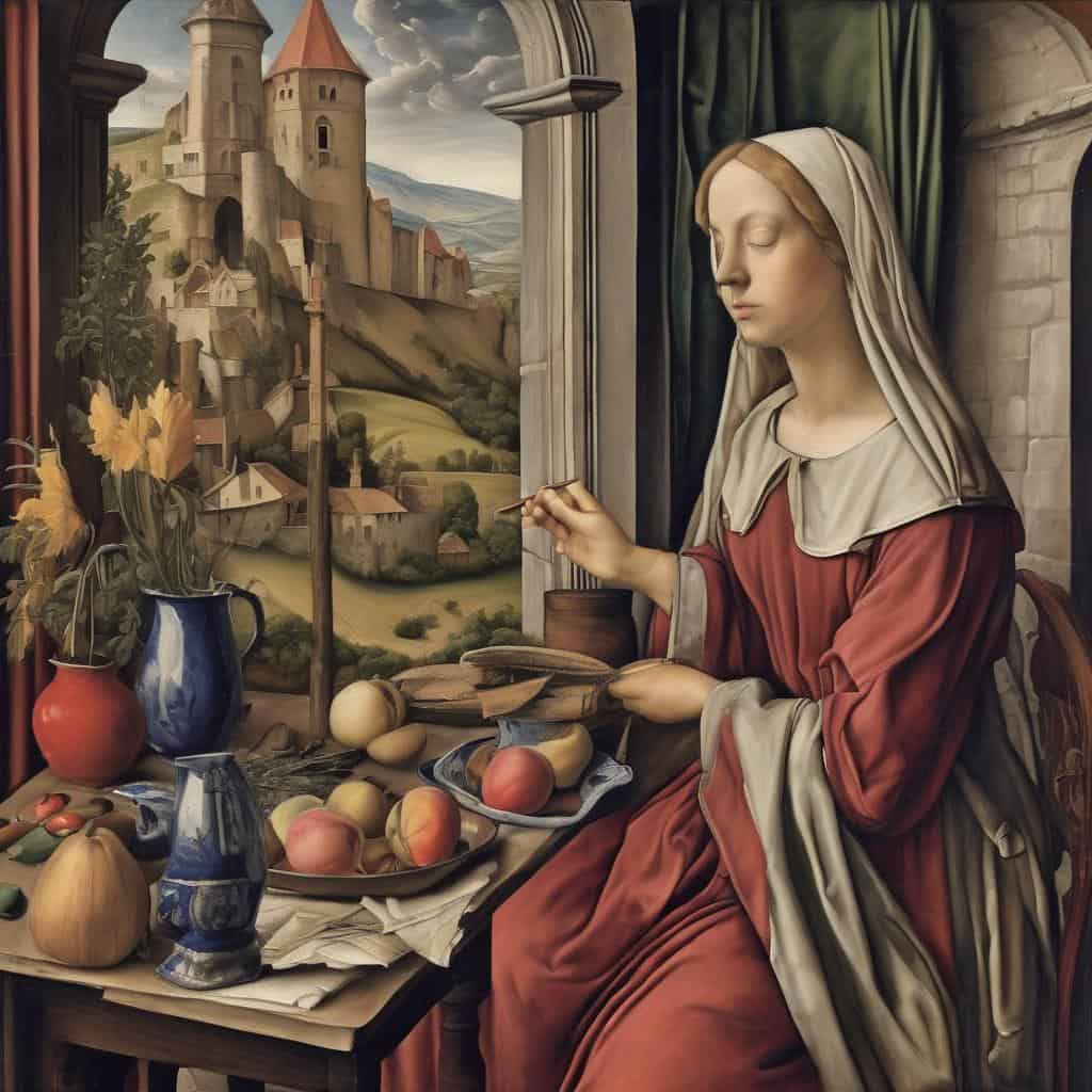 Λεπτομέρεια από ένα από τα πιο πολύτιμα έργα τέχνης στον κόσμο, απεικονίζοντας μια ρεαλιστική και λεπτομερή ζωγραφική με θέμα μια γυναίκα που ζωγραφίζει.