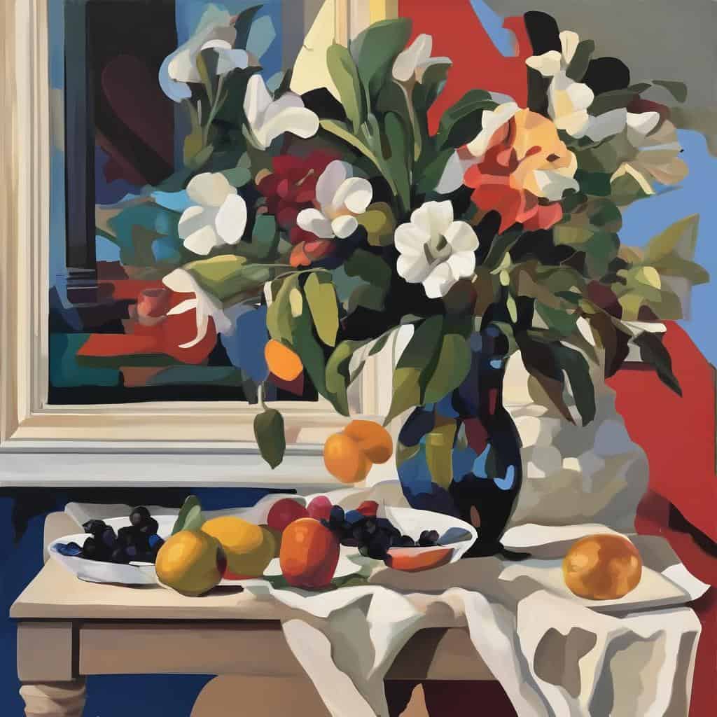 Λουλούδια σε βάζο με φρούτα σε πίνακα ζωγραφικής, ψηφιακή ζωγραφιά, υψηλής ποιότητας τέχνη, έργα τέχνης στον κόσμο, σύγχρονη τέχνη, πίνακες με λουλούδια και φρούτα, διακοσμητικά έργα τέχνης, όμορφα έργα τέχνης.